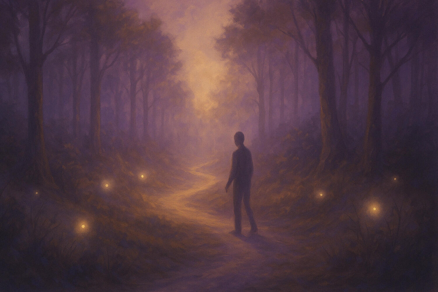 A peaceful forest path at dusk with glowing energy particles, symbolizing inner growth and soulful reflection.